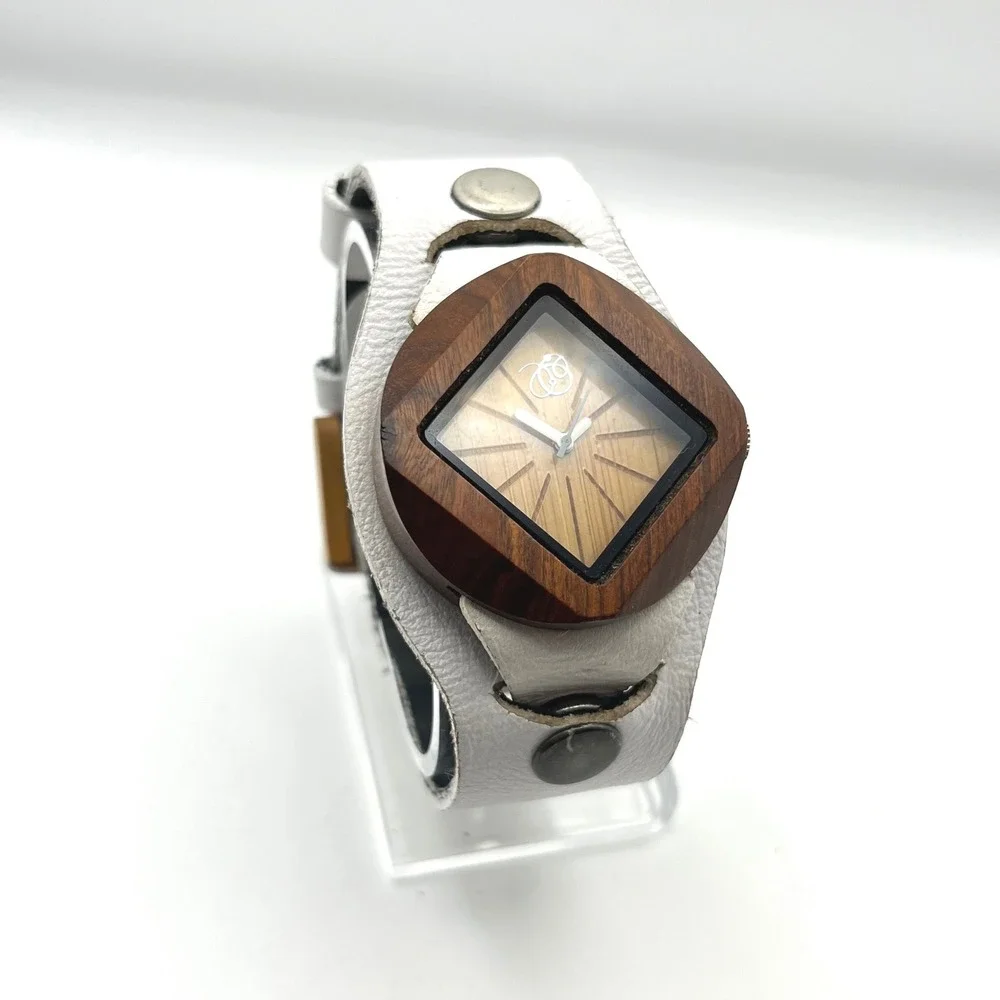 Mistura Wood Watch Square Case White Leather‎ Cuff Strap Artisan Handcrafted